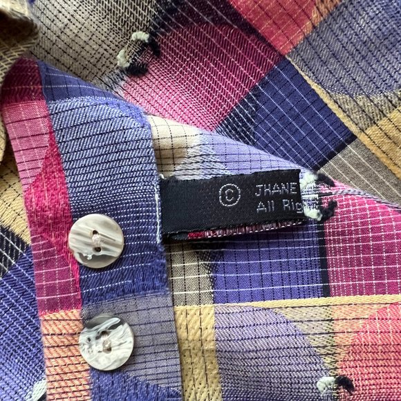 JHANE BARNES COLLECTION vintage shirt in size L geometric hues of purple gold - Picture 8 of 9